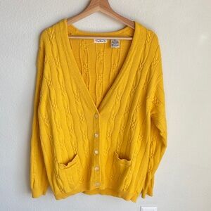 TALBOTS Vintage XL Sunflower Yellow Cable Cardigan Sweater 100% Cotton
